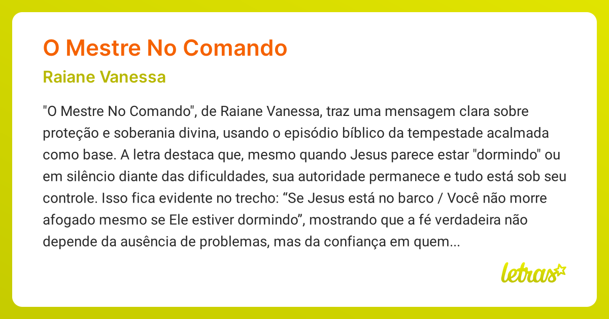 Significado da música O MESTRE NO COMANDO (Raiane Vanessa) - LETRAS.MUS.BR
