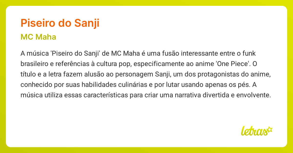 Significado da música PISEIRO DO SANJI (MC Maha) - LETRAS.MUS.BR