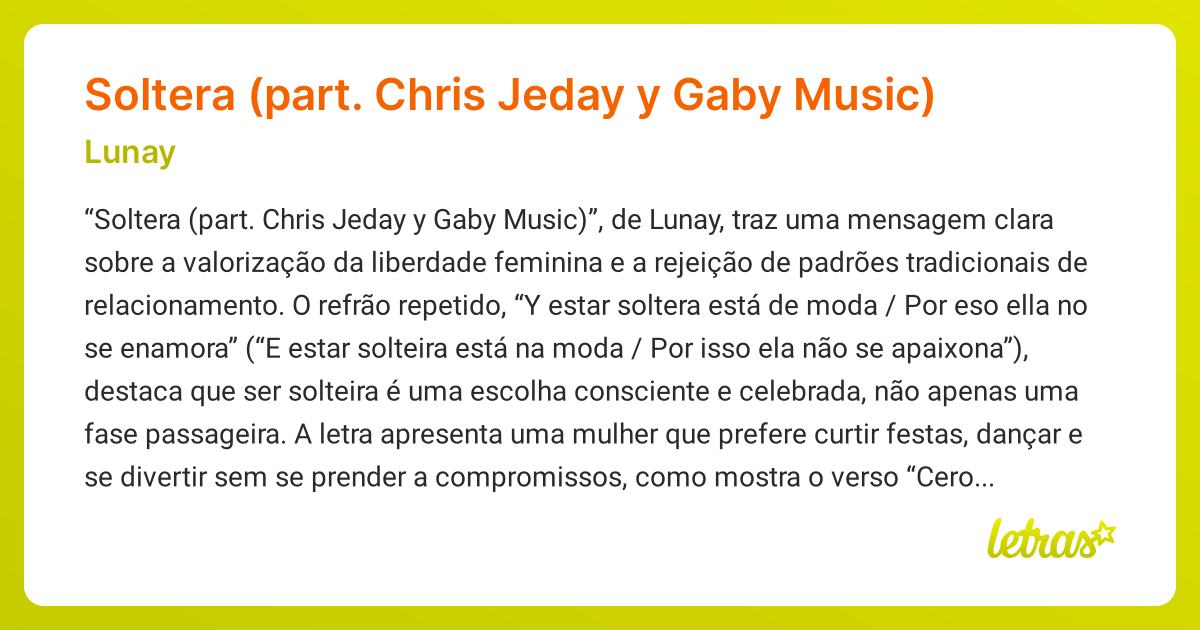 Significado da música Soltera (part. Chris Jeday y Gaby Music) (Lunay ...