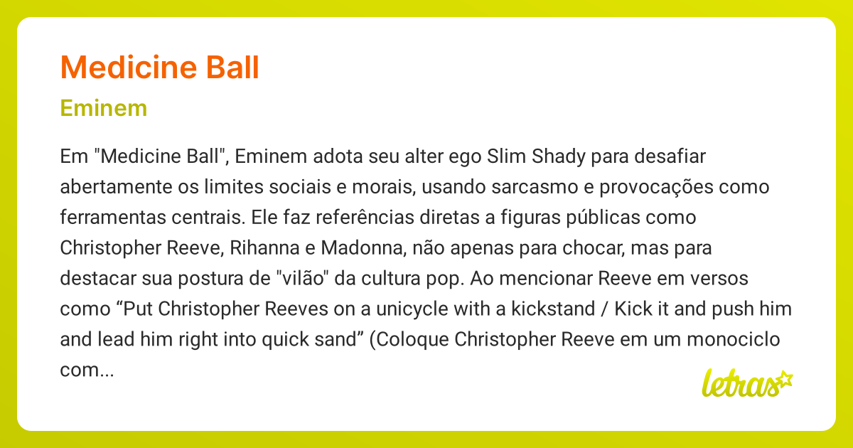 Significado da música MEDICINE BALL (Eminem) LETRAS.MUS.BR