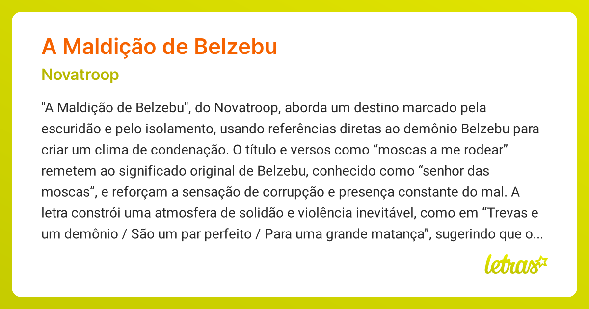 Significado da música A MALDIÇÃO DE BELZEBU (Novatroop) - LETRAS.MUS.BR