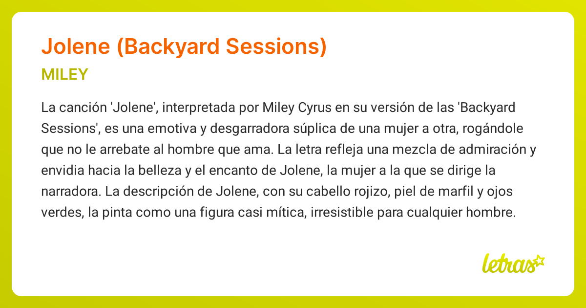 Significado de la canción JOLENE (BACKYARD SESSIONS) (Miley Cyrus ...