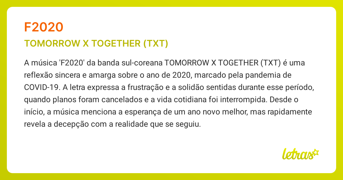 Significado da música F2020 (TOMORROW X TOGETHER (TXT)) - LETRAS.MUS.BR