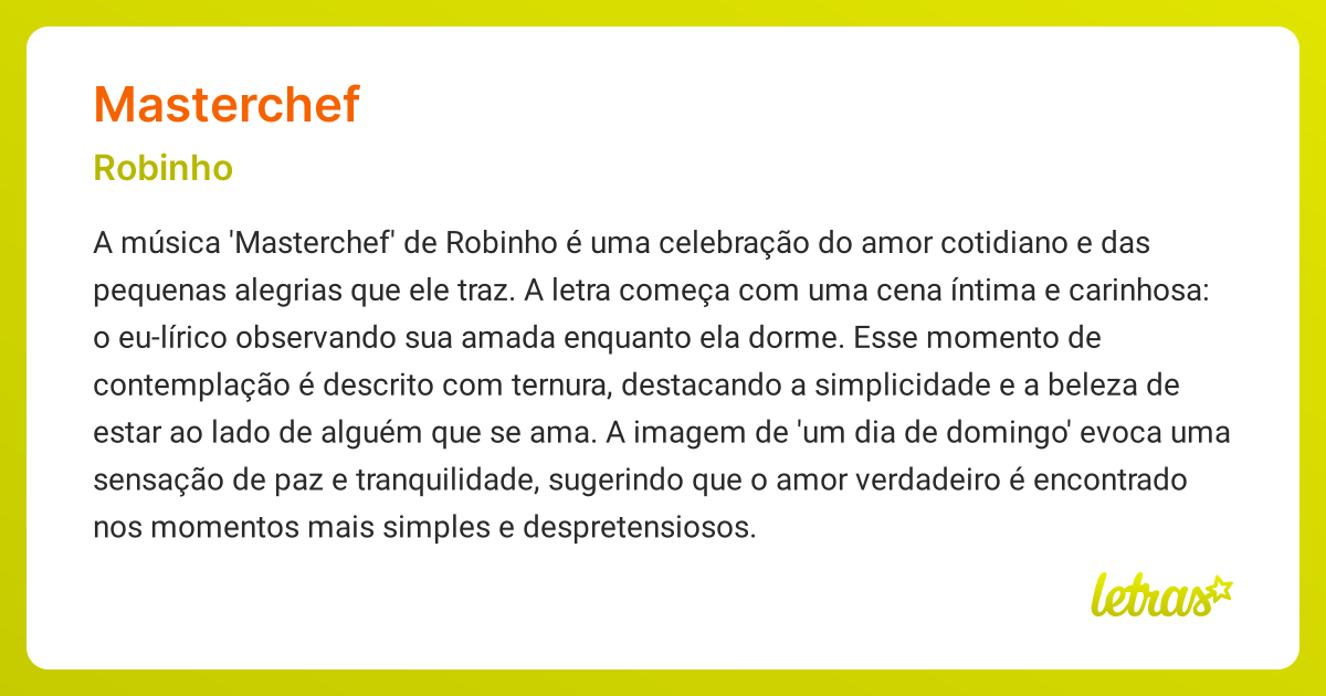 Significado da música MASTERCHEF (Robinho) - LETRAS.MUS.BR