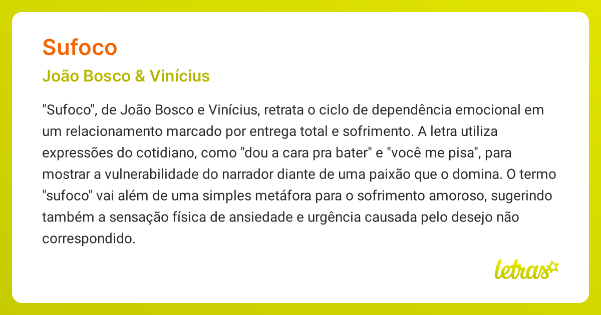 Significado da música SUFOCO (João Bosco & Vinícius) - LETRAS.MUS.BR