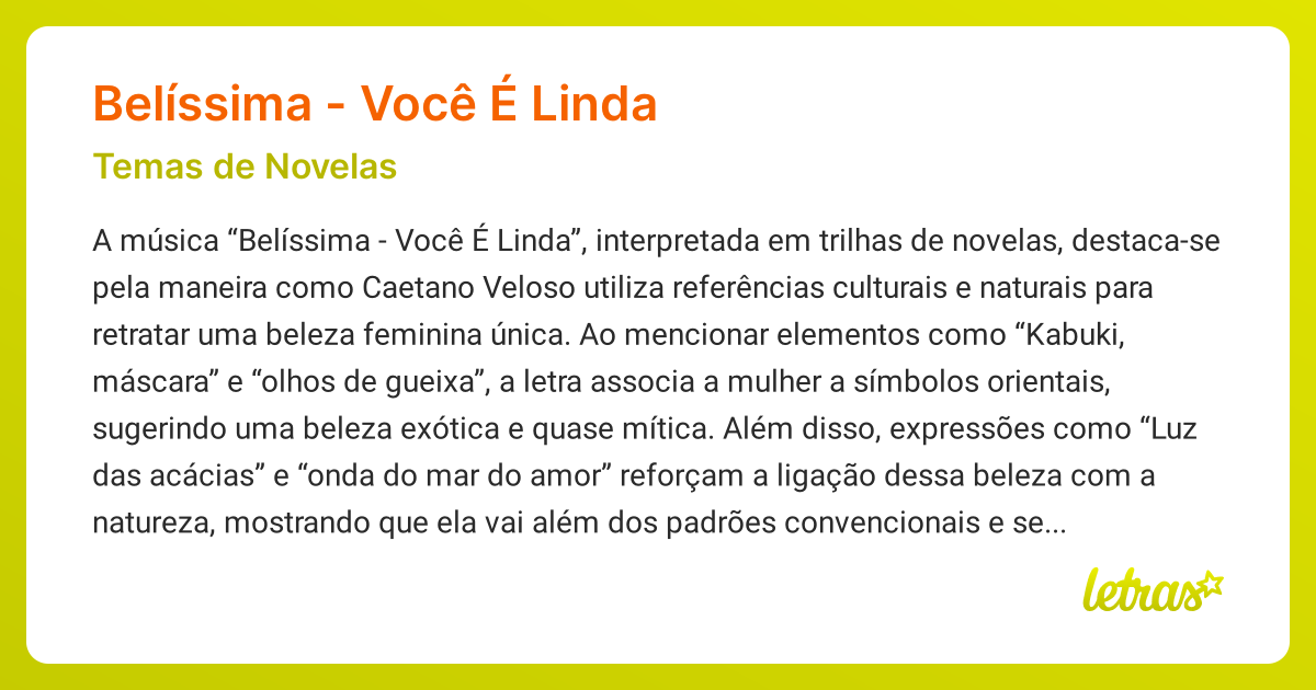 Significado da música BELÍSSIMA - VOCÊ É LINDA (Temas de Novelas ...