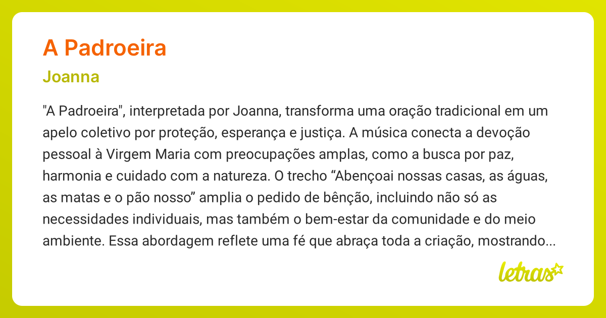 Significado da música A PADROEIRA (Joanna) - LETRAS.MUS.BR