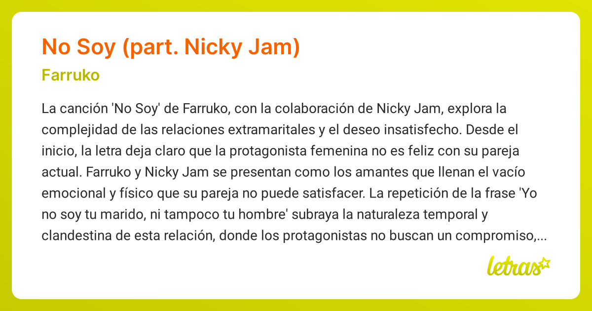 Significado de la canción NO SOY (PART. NICKY JAM) (Farruko) - LETRAS.COM