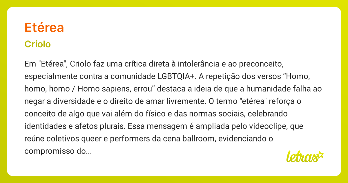 Significado da música ETÉREA (Criolo) - LETRAS.MUS.BR
