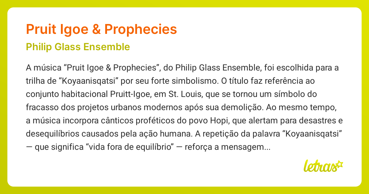 Significado da música PRUIT IGOE & PROPHECIES (Philip Glass Ensemble ...