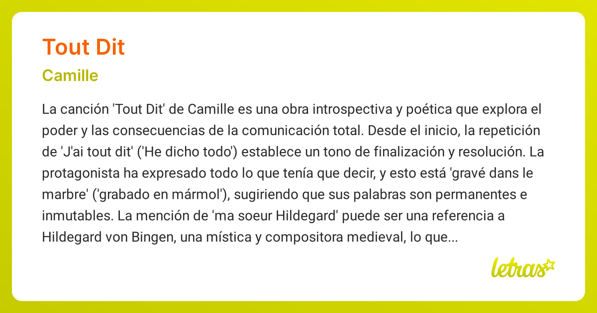 Significado de la canción TOUT DIT (Camille)