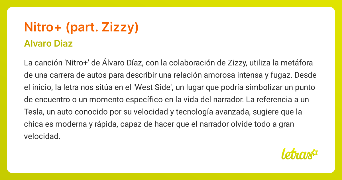 Significado de la canción NITRO+ (PART. ZIZZY) (Alvaro Diaz) - LETRAS.COM