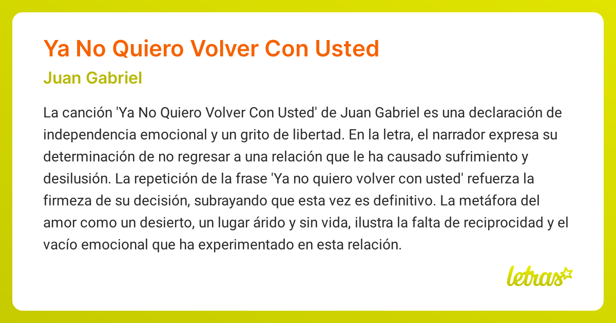 Significado de la canción YA NO QUIERO VOLVER CON USTED (Juan Gabriel ...