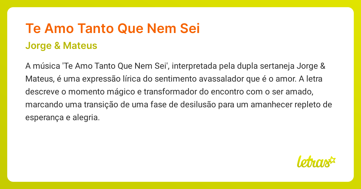 Significado da música TE AMO TANTO QUE NEM SEI & Mateus