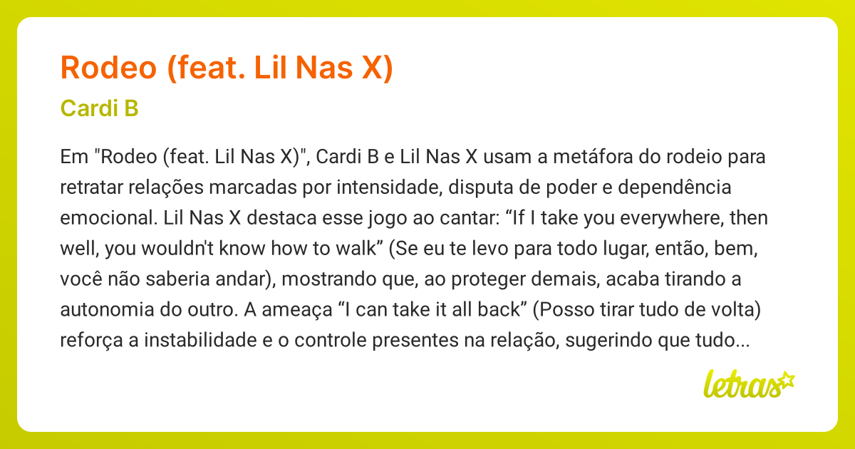 Significado da música RODEO (FEAT. LIL NAS X) (Cardi B) - LETRAS.MUS.BR