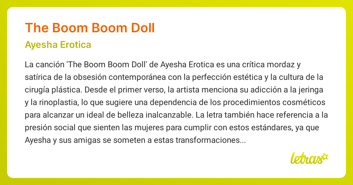 Significado de la canción THE BOOM BOOM DOLL (Ayesha Erotica) - LETRAS.COM