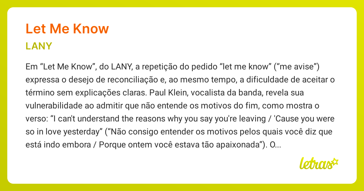 Significado da música LET ME KNOW (LANY) - LETRAS.MUS.BR