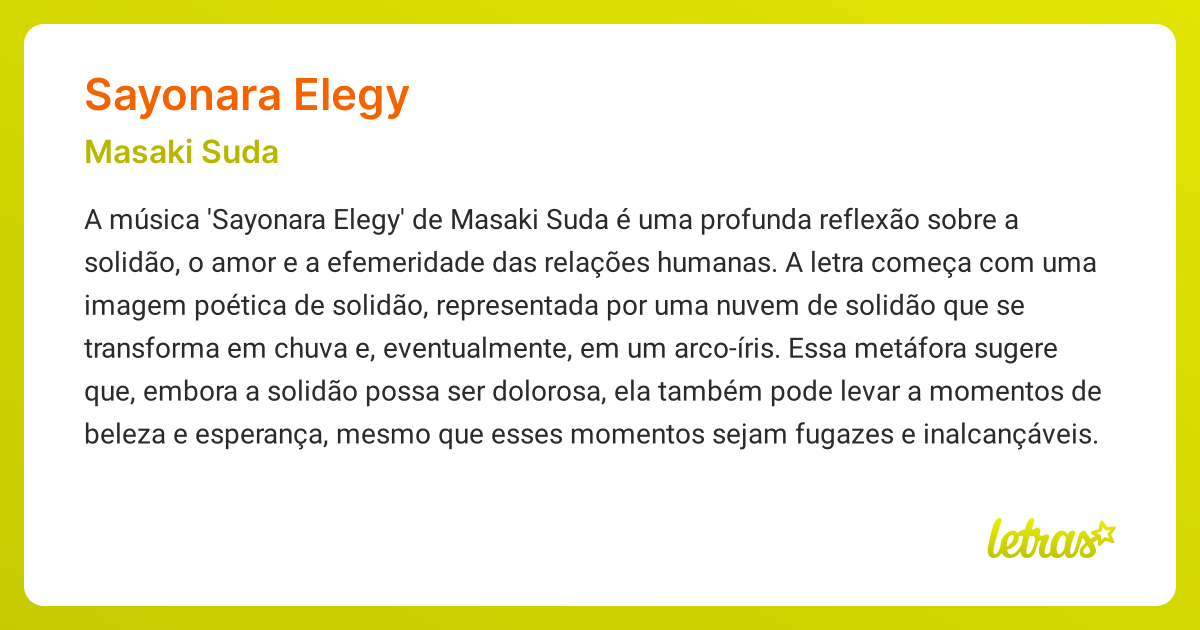 Significado da música SAYONARA ELEGY (Masaki Suda) - LETRAS.MUS.BR