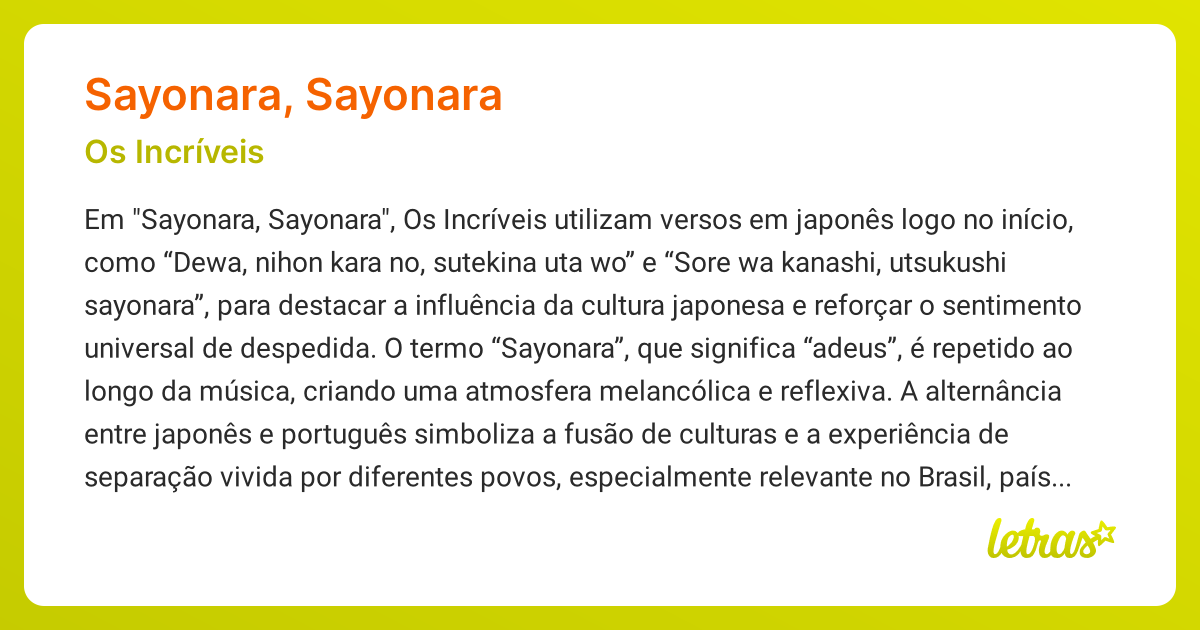 Significado da música SAYONARA, SAYONARA (Os Incríveis) - LETRAS.MUS.BR