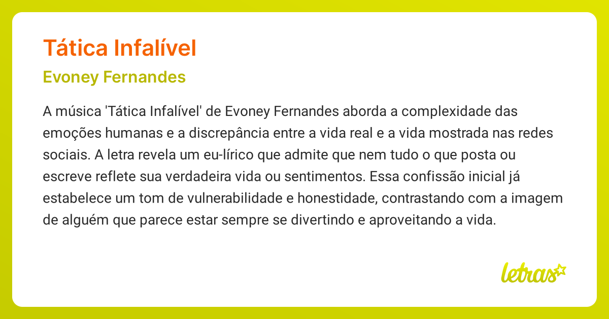 Significado da música TÁTICA INFALÍVEL (Evoney Fernandes) - LETRAS.MUS.BR