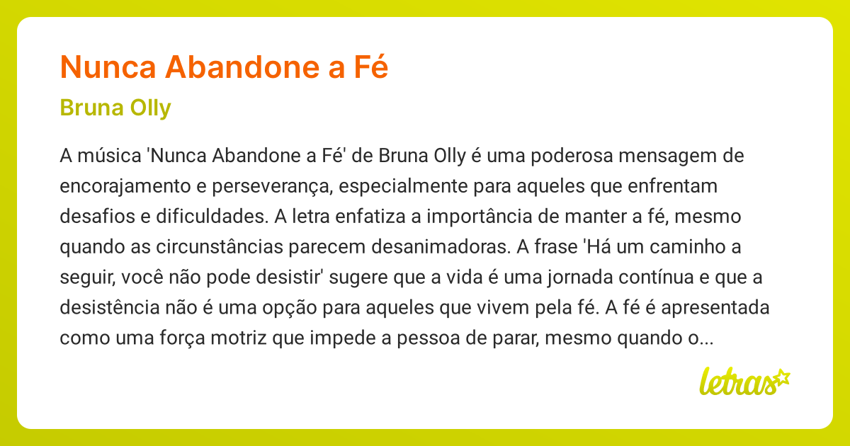 Significado da música NUNCA ABANDONE A FÉ (Bruna Olly) - LETRAS.MUS.BR
