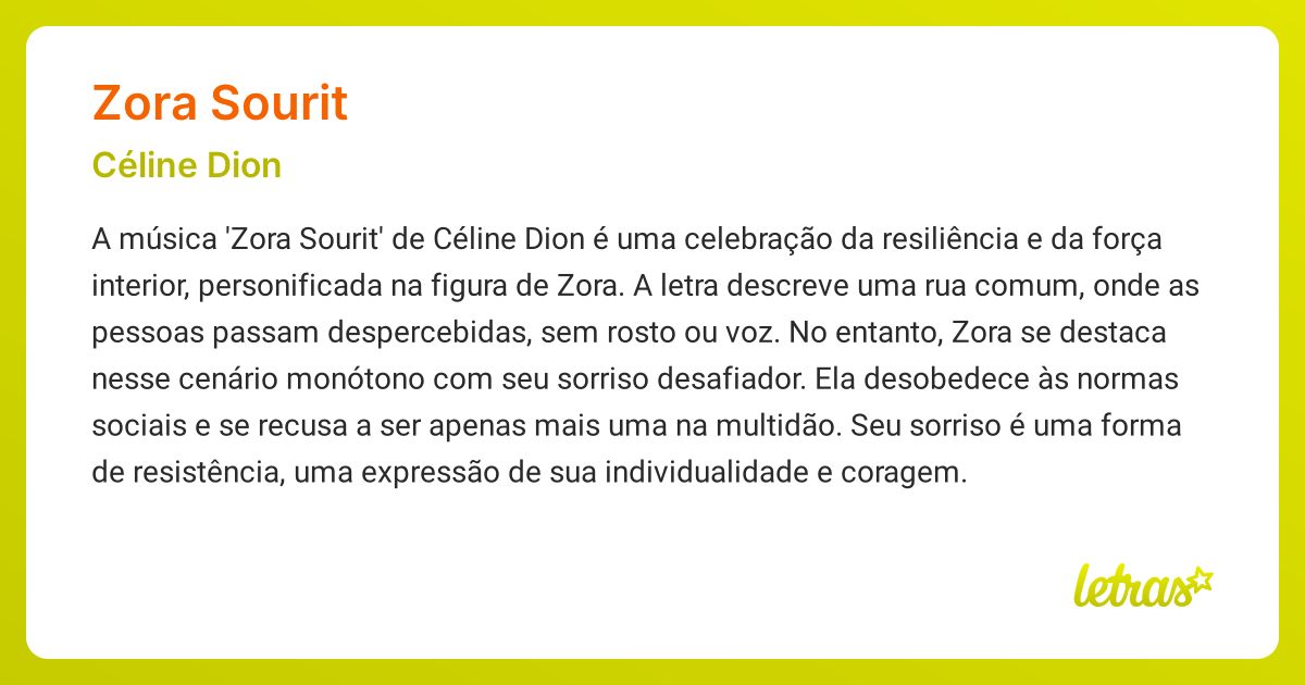 Significado da música ZORA SOURIT (Céline Dion) - LETRAS.MUS.BR