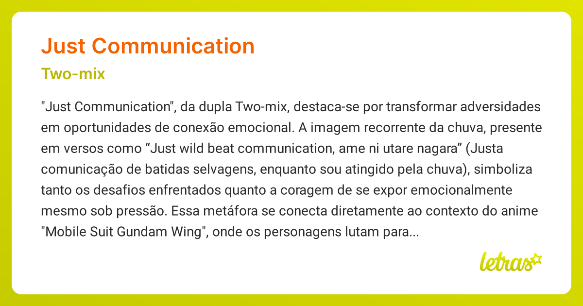 Significado da música JUST COMMUNICATION (Two-mix) - LETRAS.MUS.BR