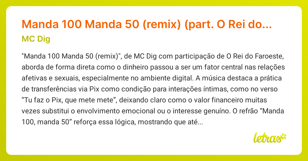 Significado da música Manda 100 Manda 50 (remix) (part. O Rei do ...
