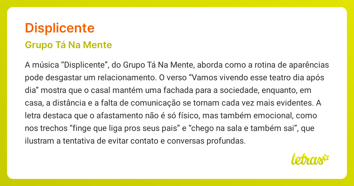 Significado da música DISPLICENTE (Grupo Tá Na Mente) - LETRAS.MUS.BR