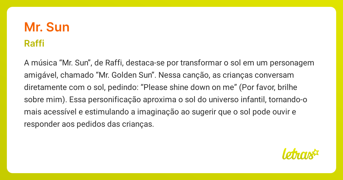 Significado da música MR. SUN (Raffi) - LETRAS.MUS.BR