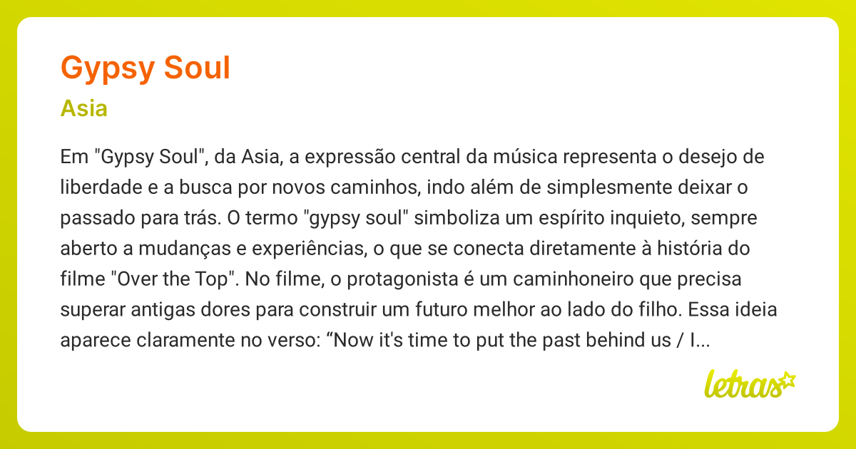 Significado da música GYPSY SOUL (Asia) - LETRAS.MUS.BR