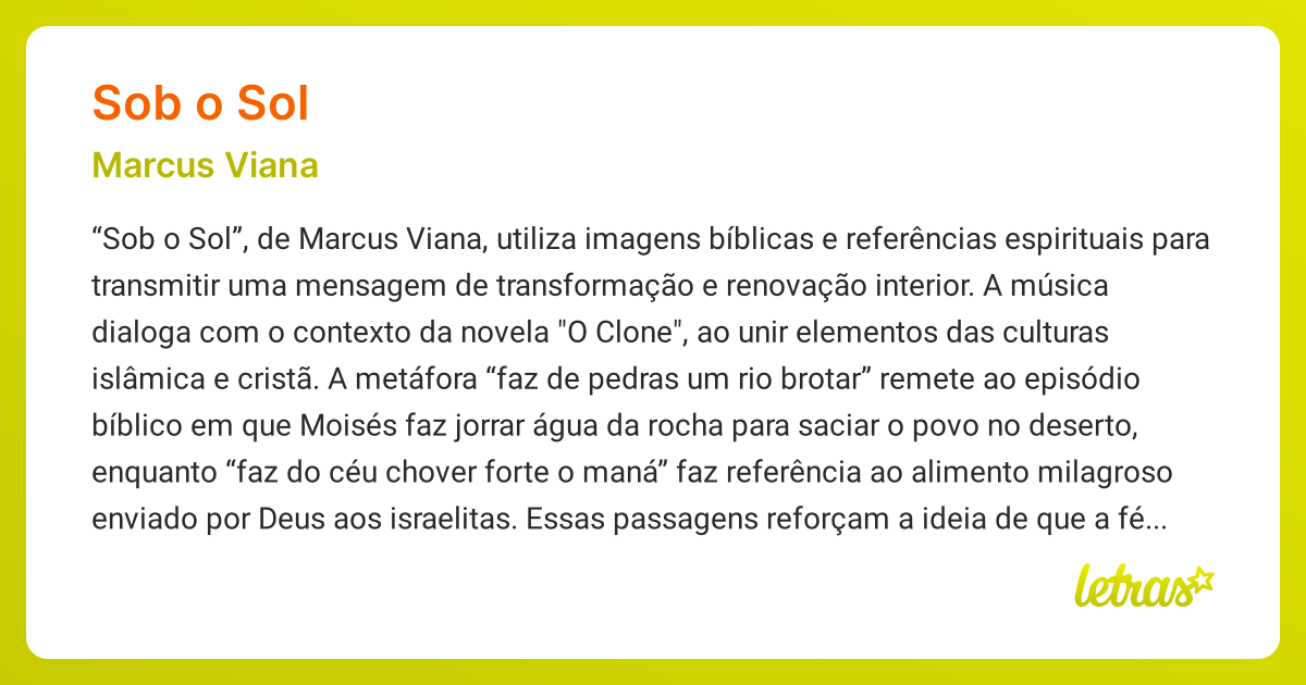 Significado da música SOB O SOL (Marcus Viana) - LETRAS.MUS.BR