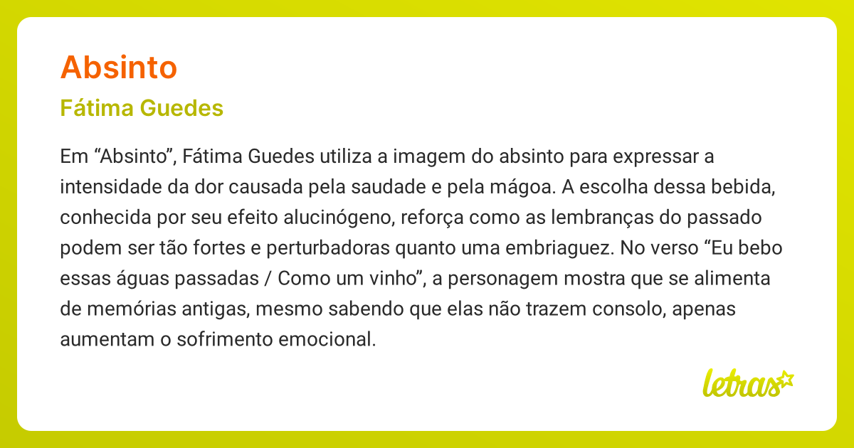 Significado da música ABSINTO (Fátima Guedes) - LETRAS.MUS.BR