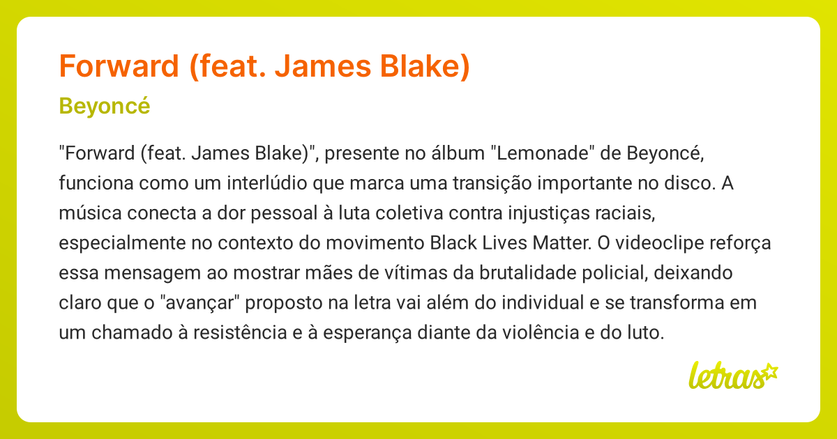 Significado da música FORWARD (FEAT. JAMES BLAKE) (Beyoncé) - LETRAS.MUS.BR