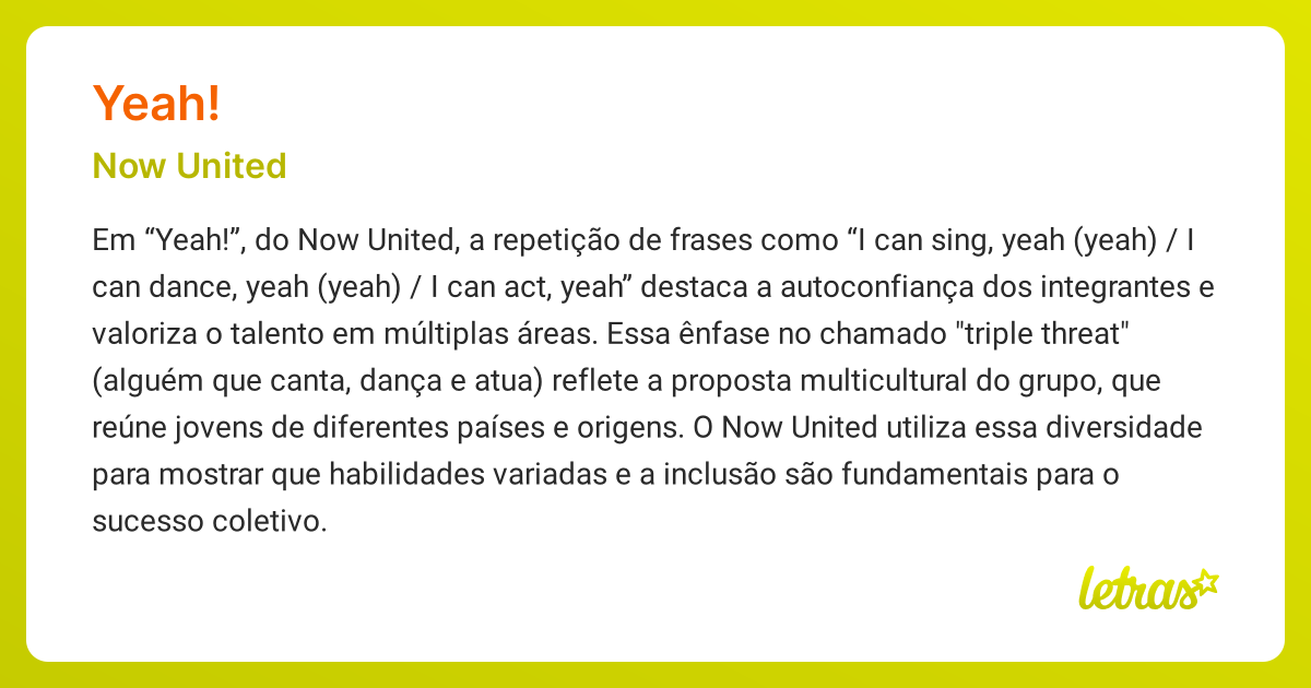 Significado da música YEAH! (Now United) - LETRAS.MUS.BR
