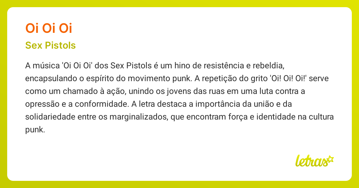 Significado da música OI OI OI Sex Pistols  LETRAS MUS BR 