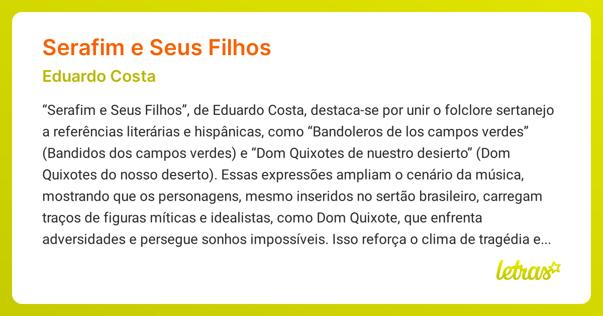 Significado da música SERAFIM E SEUS FILHOS (Eduardo Costa) - LETRAS.MUS.BR