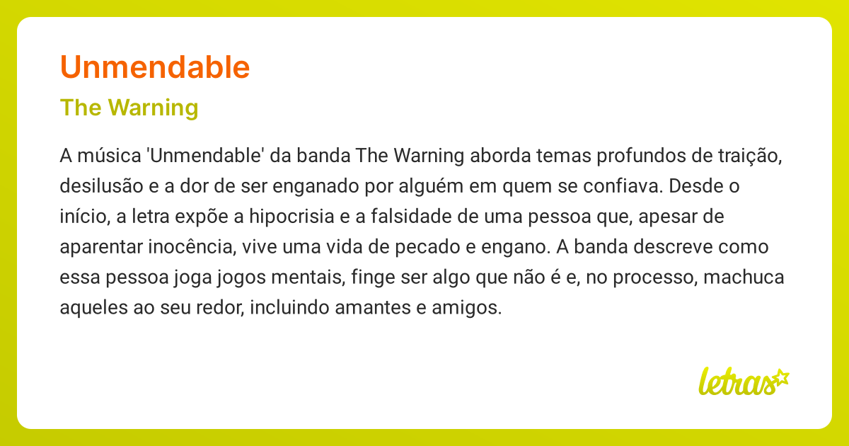 Significado da música UNMENDABLE (The Warning) - LETRAS.MUS.BR