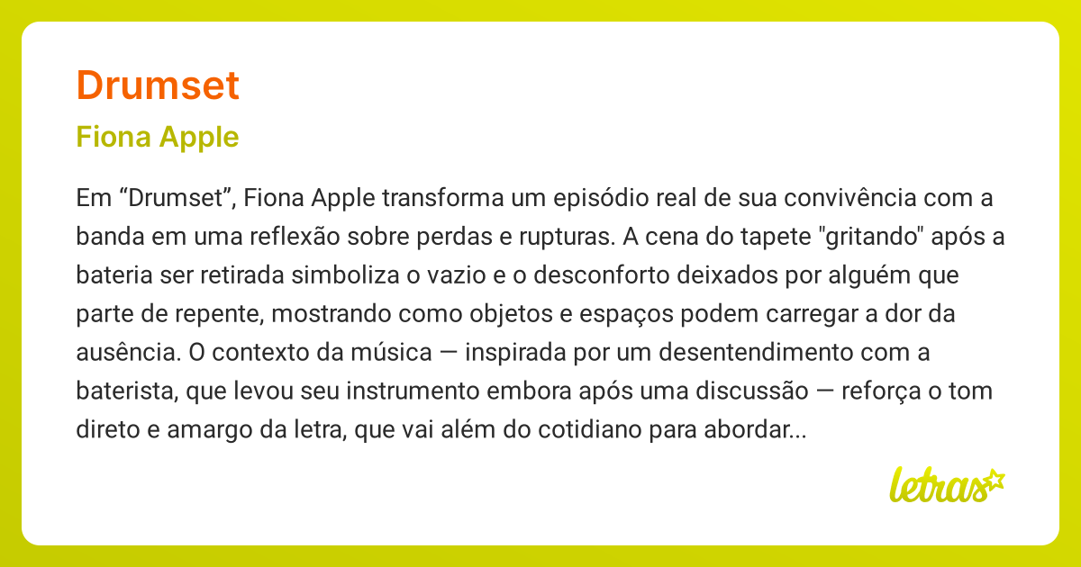 Significado da música DRUMSET (Fiona Apple) LETRAS.MUS.BR