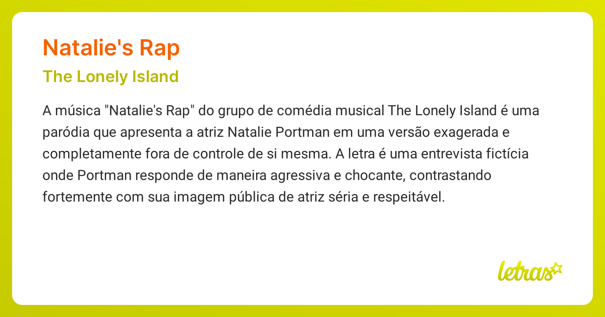 Significado da música NATALIE'S RAP (The Lonely Island) - LETRAS.MUS.BR