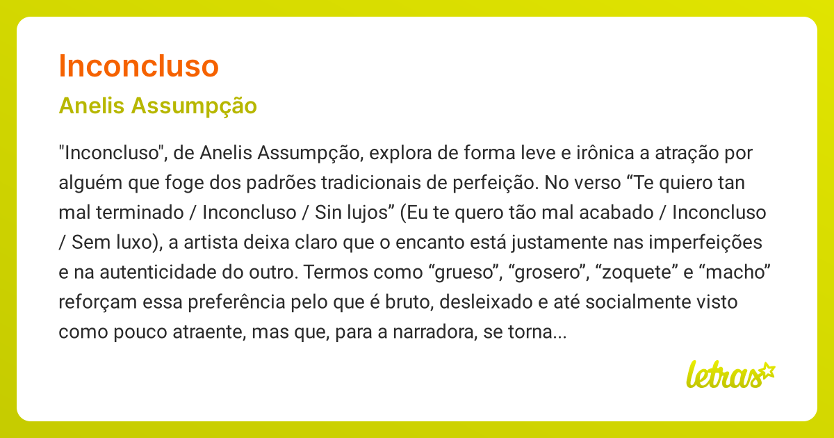 Significado da música INCONCLUSO (Anelis Assumpção) - LETRAS.MUS.BR