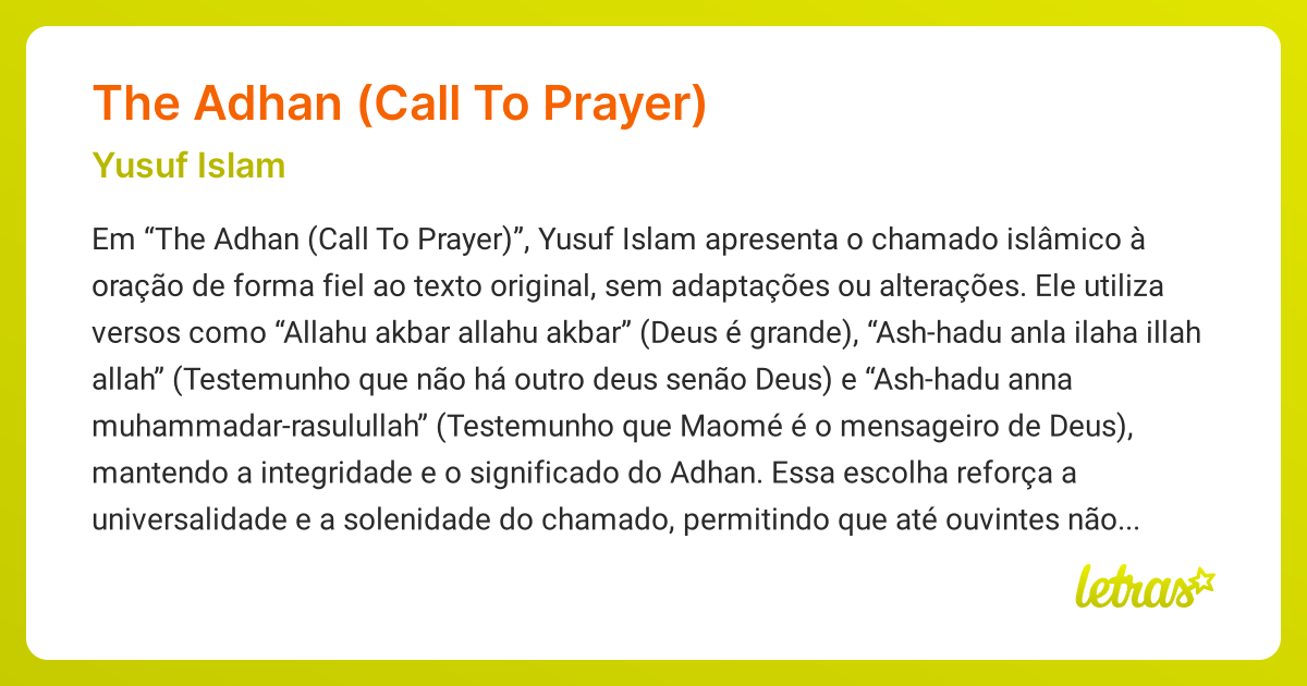 Significado da música THE ADHAN (CALL TO PRAYER) (Yusuf Islam) - LETRAS ...