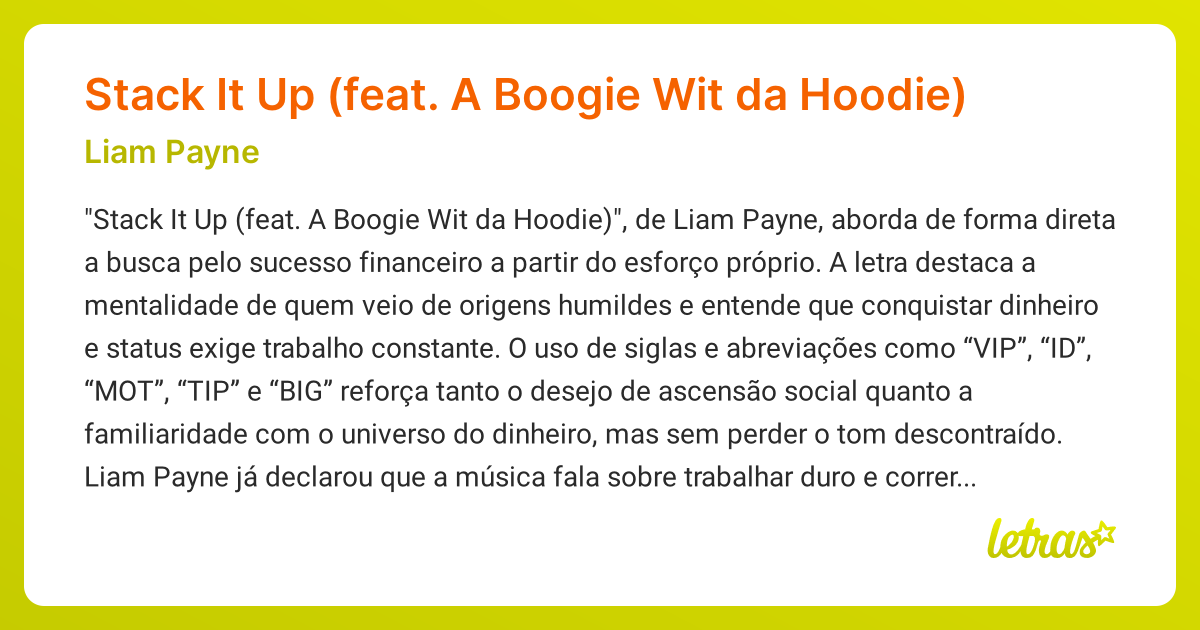 Significado da música Stack It Up (feat. A Boogie Wit da Hoodie) (Liam ...