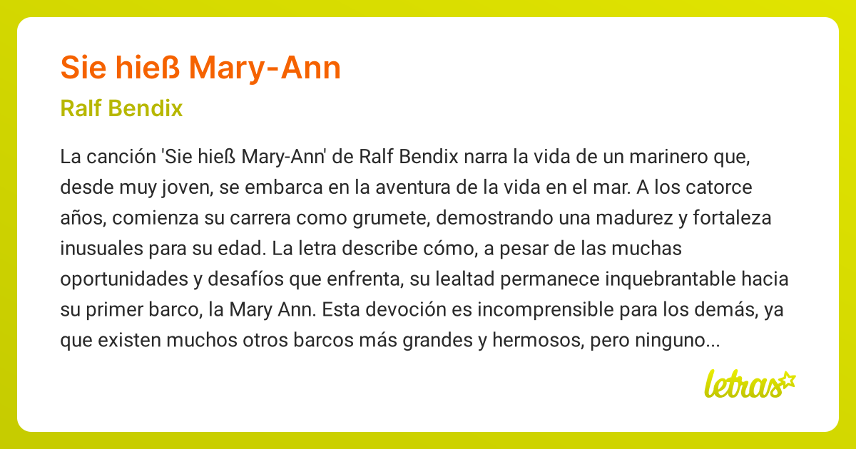 Significado de la canción SIE HIEß MARY-ANN (Ralf Bendix) - LETRAS.COM