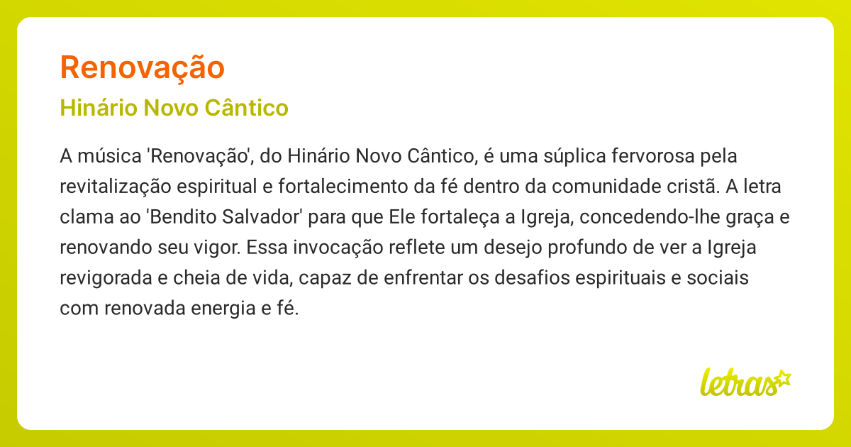 Significado da música RENOVAÇÃO (Hinário Novo Cântico) - LETRAS.MUS.BR