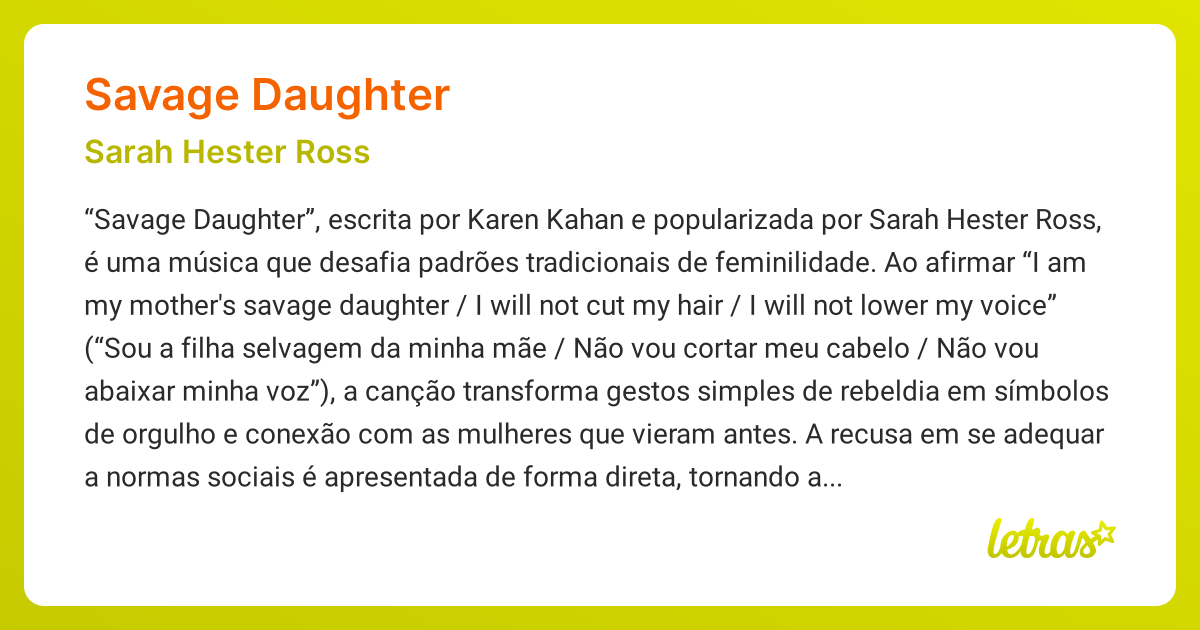 Significado da música SAVAGE DAUGHTER (Sarah Hester Ross) - LETRAS.MUS.BR