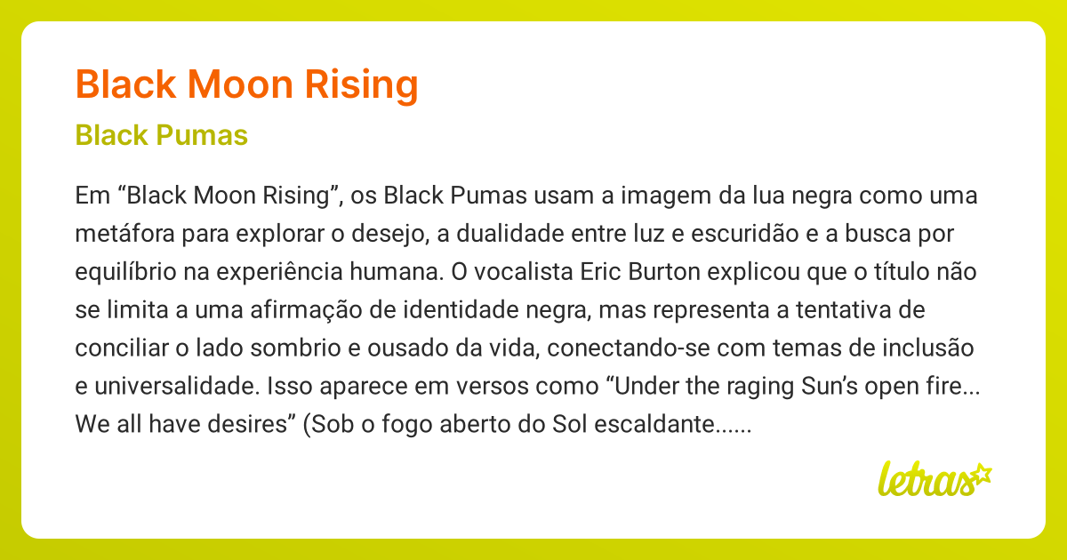 Significado da música BLACK MOON RISING (Black Pumas) - LETRAS.MUS.BR