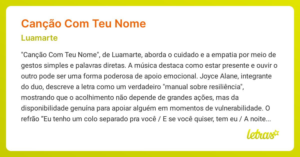 Significado da música CANÇÃO COM TEU NOME (Luamarte) - LETRAS.MUS.BR