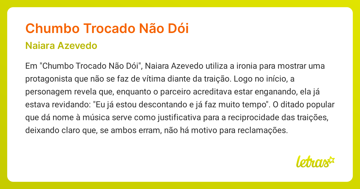 Significado da música CHUMBO TROCADO NÃO DÓI (Naiara Azevedo) - LETRAS ...