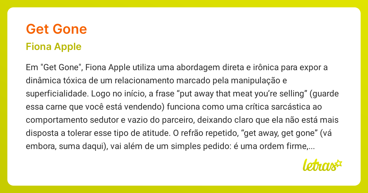 Significado da música GET GONE (Fiona Apple) - LETRAS.MUS.BR